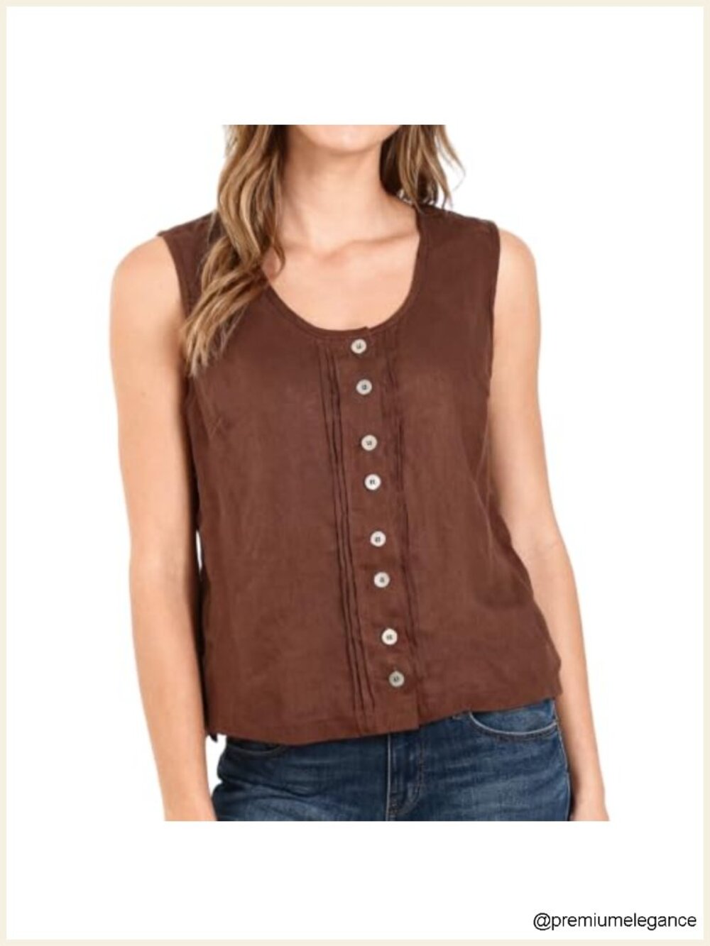 100% Linen Sleeveless Button Pleated Tank Top - Cropped Summer Top
